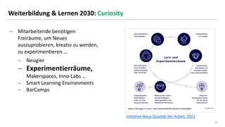 35
35
Weiterbildung & Lernen 2030: Curiosity
− Mitarbeitende benötigen
Freiräume, um Neues
auszuprobieren, kreativ zu werd...