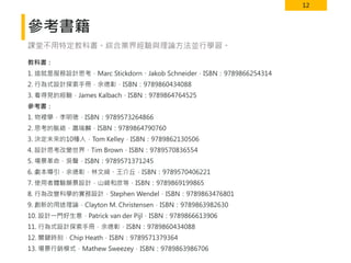 12
參考書籍
教科書：
1. 這就是服務設計思考，Marc Stickdorn、Jakob Schneider，ISBN：9789866254314
2. 行為式設計探索手冊，余德彰，ISBN：9789860434088
3. 看得見的經驗，James Kalbach，ISBN：9789864764525
參考書：
1. 物裡學，李明璁，ISBN：9789573264866
2. 思考的脈絡，蕭瑞麟，ISBN：9789864790760
3. 決定未來的10種人，Tom Kelley，ISBN：9789862130506
4. 設計思考改變世界，Tim Brown，ISBN：9789570836554
5. 場景革命，吳聲，ISBN：9789571371245
6. 劇本導引，余德彰、林文綺、王介丘，ISBN：9789570406221
7. 使用者體驗願景設計，山崎和彦等，ISBN：9789869199865
8. 行為改變科學的實務設計，Stephen Wendel，ISBN：9789863476801
9. 創新的用途理論，Clayton M. Christensen，ISBN：9789863982630
10. 設計一門好生意，Patrick van der Pijl，ISBN：9789866613906
11. 行為式設計探索手冊，余德彰，ISBN：9789860434088
12. 關鍵時刻，Chip Heath，ISBN：9789571379364
13. 場景行銷模式．Mathew Sweezey．ISBN：9789863986706
課堂不用特定教科書。綜合業界經驗與理論方法並行學習。
 