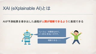 XAI (eXplainable AI)とは
AIが予測結果を導き出した過程が人間が理解できるように表現できる
「y = 3 x」 の関係なので、
x = 2のときはy = 6です。
理解できる！！
 