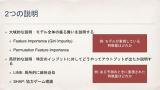 2つの説明
✤ 大域的な説明：モデル全体の振る舞いを説明する
✤ Feature Importance (Gini Impurity)
✤ Permutation Feature Importance
✤ 局所的な説明：特定のインプットに対してどうやってアウトプットが出たか説明す
る
✤ LIME: 局所的に線形近似
✤ SHAP: 協力ゲーム理論
例: モデルが重視している
特徴量はどれか
例: ある予測のときに重視された
特徴量はどれか
 