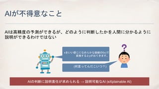 AIが不得意なこと
AIは高精度の予測ができるが、どのように判断したかを人間に分かるように
説明ができるわけではない
xをいい感じになめらかな曲線のf(x)で
変換するとyが出てきます。
AIの判断に説明責任が求められる → 説明可能なAI (eXplainable AI)
(何言ってんだこいつ？)
 