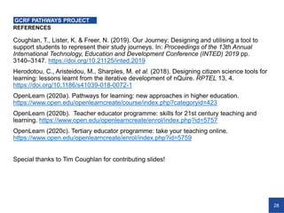 28
Coughlan, T., Lister, K. & Freer, N. (2019). Our Journey: Designing and utilising a tool to
support students to represent their study journeys. In: Proceedings of the 13th Annual
International Technology, Education and Development Conference (INTED) 2019 pp.
3140–3147. https://doi.org/10.21125/inted.2019
Herodotou, C., Aristeidou, M., Sharples, M. et al. (2018). Designing citizen science tools for
learning: lessons learnt from the iterative development of nQuire. RPTEL 13, 4.
https://doi.org/10.1186/s41039-018-0072-1
OpenLearn (2020a). Pathways for learning: new approaches in higher education.
https://www.open.edu/openlearncreate/course/index.php?categoryid=423
OpenLearn (2020b). Teacher educator programme: skills for 21st century teaching and
learning. https://www.open.edu/openlearncreate/enrol/index.php?id=5757
OpenLearn (2020c). Tertiary educator programme: take your teaching online.
https://www.open.edu/openlearncreate/enrol/index.php?id=5759
Special thanks to Tim Coughlan for contributing slides!
REFERENCES
GCRF PATHWAYS PROJECT
 
