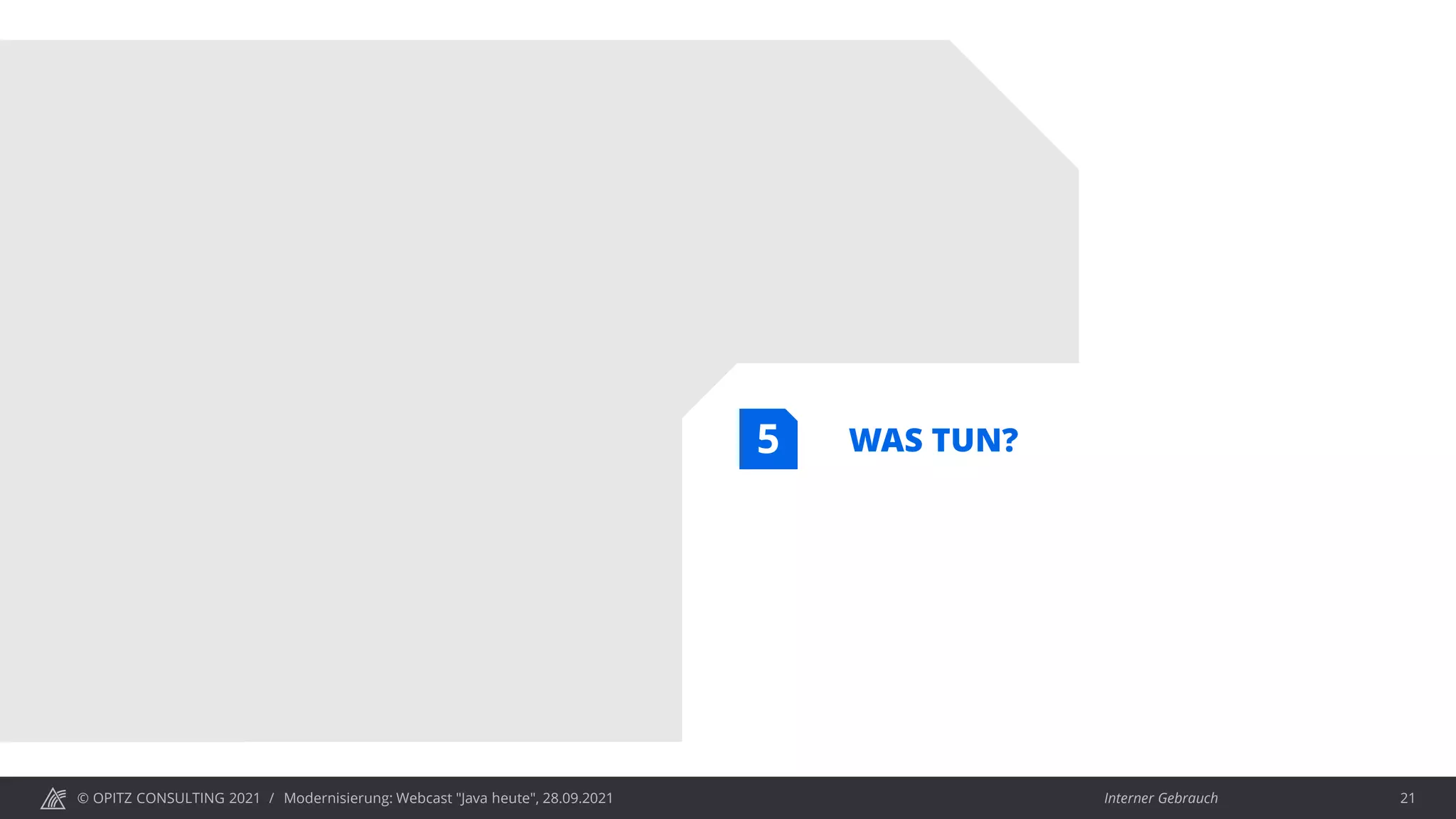 © OPITZ CONSULTING 2021 / Interner Gebrauch
Modernisierung: Webcast "Java heute", 28.09.2021 21
WAS TUN?
5
 