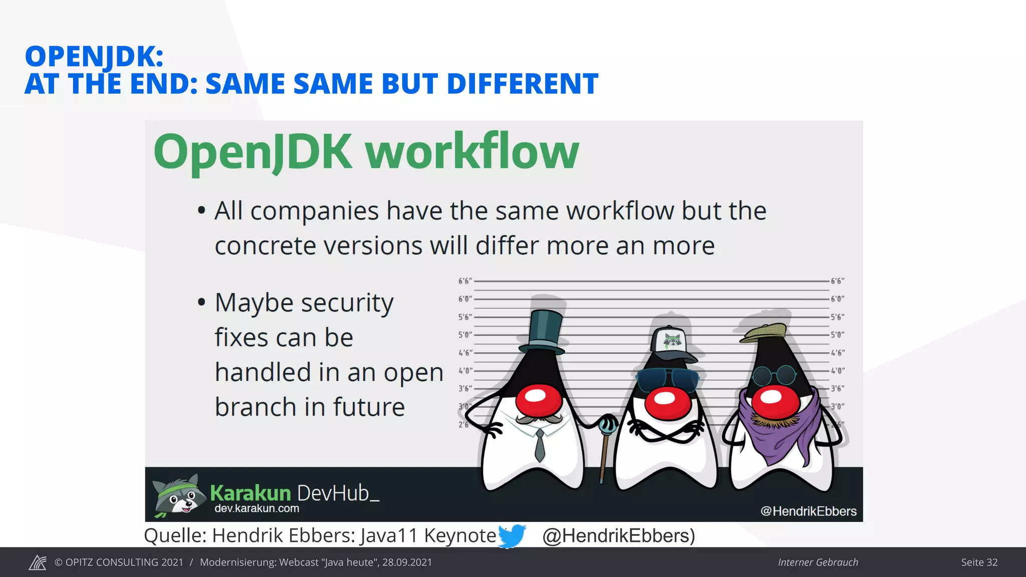 © OPITZ CONSULTING 2021 / Interner Gebrauch
Modernisierung: Webcast "Java heute", 28.09.2021
OPENJDK:
AT THE END: SAME SAME BUT DIFFERENT
Quelle: Hendrik Ebbers: Java11 Keynote ( @HendrikEbbers)
Seite 32
 