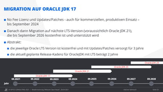 © OPITZ CONSULTING 2021 / Interner Gebrauch
Modernisierung: Webcast "Java heute", 28.09.2021
MIGRATION AUF ORACLE JDK 17
 No Fee Lizenz und Updates/Patches - auch für kommerziellen, produktiven Einsatz –
bis September 2024
 Danach dann Migration auf nächste LTS-Version (voraussichtlich Oracle JDK 21),
die bis September 2026 kostenfrei ist und unterstützt wird
 Abstrakt:
 die jeweilige Oracle LTS Version ist kostenfrei und mit Updates/Patches versorgt für 3 Jahre
 die aktuell geplante Release-Kadenz für OracleJDK mit LTS beträgt 2 Jahre
Seite 33
Oracle JDK 17
Jahr
09.2021 09.2023
09.2022 09.2024 09.2026
09.2025 09.2027
Oracle JDK 21
Oracle JDK 25
09.2028
Oracle JDK 29
 