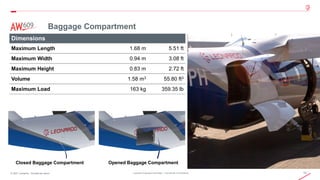 12
© 2021 Leonardo - Società per azioni Leonardo Proprietary Information – Commercial in Confidence
Baggage Compartment
Dimensions
Maximum Length 1.68 m 5.51 ft
Maximum Width 0.94 m 3.08 ft
Maximum Height 0.83 m 2.72 ft
Volume 1.58 m3 55.80 ft3
Maximum Load 163 kg 359.35 lb
Closed Baggage Compartment Opened Baggage Compartment
 