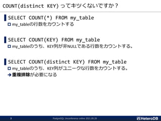 COUNT(distinct KEY) ってキツくないですか？
▌SELECT COUNT(*) FROM my_table
 my_tableの行数をカウントする
▌SELECT COUNT(KEY) FROM my_table
 my_tableのうち、KEY列が非NULLである行数をカウントする。
▌SELECT COUNT(distinct KEY) FROM my_table
 my_tableのうち、KEY列がユニークな行数をカウントする。
➔重複排除が必要になる
PostgreSQL Unconference online 2021.09.28
3
 