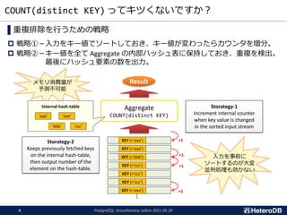 メモリ消費量が
予測不可能
COUNT(distinct KEY) ってキツくないですか？
▌重複排除を行うための戦略
 戦略①－入力をキー値でソートしておき、キー値が変わったらカウンタを増分。
 戦略②－キー値を全て Aggregate の内部ハッシュ表に保持しておき、重複を検出。
最後にハッシュ要素の数を出力。
KEY (=‘aaa’)
KEY (=‘aaa’)
KEY (=‘bbb’)
KEY (=‘ccc’)
KEY (=‘ccc’)
KEY (=‘ccc’)
Aggregate
COUNT(distinct KEY)
KEY (=‘eee’)
Storategy-1
Increment internal counter
when key value is changed
in the sorted input stream
+1
+1
+1
+1
Storategy-2
Keeps previously fetched keys
on the internal hash-table,
then output number of the
element on the hash-table.
Result
Internal hash-table
‘aaa’
‘bbb’ ‘ccc’
‘eee’
入力を事前に
ソートするのが大変
並列処理も効かない
PostgreSQL Unconference online 2021.09.28
4
 