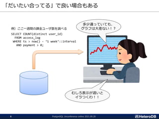 「だいたい合ってる」で良い場合もある
例）ここ一週間の課金ユーザ数を調べる
SELECT COUNT(distinct user_id)
FROM access_log
WHERE ts > now() - ‘1 week’::interval
AND payment > 0;
多少違っていても、
グラフは大差ない！？
むしろ表示が遅いと
イラつくわ！！
PostgreSQL Unconference online 2021.09.28
6
 