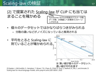 Copyright © 2020 調和系工学研究室 - 北海道大学 大学院情報科学研究院 情報理工学部門 複合情報工学分野 – All rights reserved.
Copyright © 2020 調和系工学研究室 - 北海道大学 大学院情報科学研究院 情報理工学部門 複合情報工学分野 – All rights reserved.
17
Scaling-law の検証
• 個々のデータセットではかなりばらつきがみられる
– 分散の違いなどがノイズになっていると推測される
• 平均をとると Scaling-law に
則ていることが確かめられる
[2] で提案された Scaling-law が CLIP にも当ては
まることを確かめる
※ 薄い線が個々のデータセット、
濃い線が平均を表す
Transformer モデルの性能がパラメータ数、
データ数、計算量にべき乗則でスケーリ
ングされる
[2] Kaplan, J., McCandlish, S., Henighan, T., Brown, T. B., Chess, B., Child, R., Gray, S., Radford, A., Wu, J., and Amodei, D.
Scaling laws for neural language models. arXiv preprint arXiv:2001.08361, 2020
 