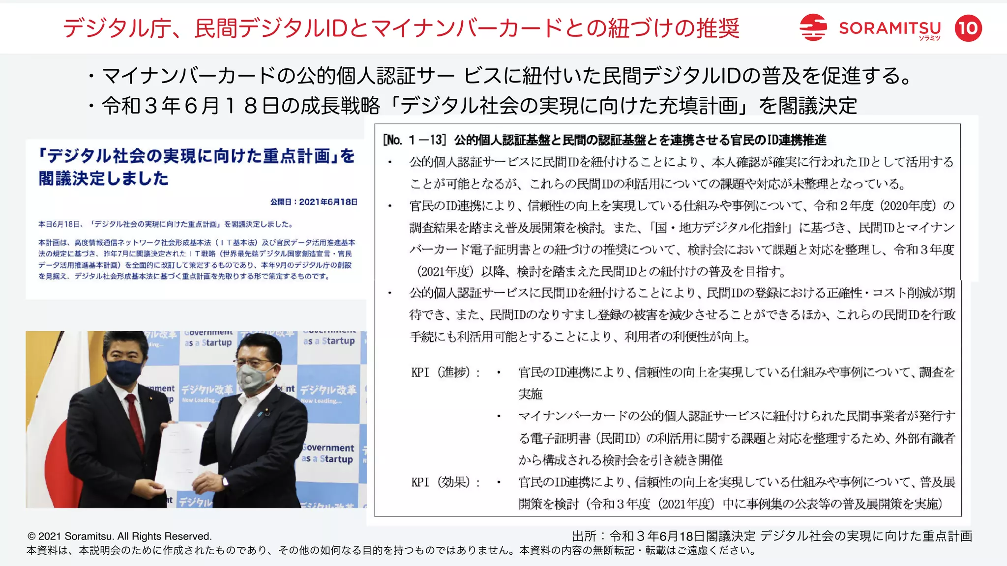 本資料は、本説明会のために作成されたものであり、その他の如何なる目的を持つものではありません。本資料の内容の無断転記・転載はご遠慮ください。
© 2021 Soramitsu. All Rights Reserved.
10
デジタル庁、民間デジタルIDとマイナンバーカードとの紐づけの推奨
出所：令和３年6月18日閣議決定 デジタル社会の実現に向けた重点計画
・マイナンバーカードの公的個人認証サー ビスに紐付いた民間デジタルIDの普及を促進する。
・令和３年６月１８日の成長戦略「デジタル社会の実現に向けた充填計画」を閣議決定
 