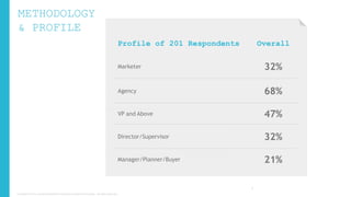 METHODOLOGY
& PROFILE
Profile of 201 Respondents

Overall

Marketer

32%

Agency

68%

VP and Above

47%

Director/Supervisor

32%

Manager/Planner/Buyer

21%
7

Copyright © 2013, ValueClick Media & Greystripe a ValueClick Company. All rights reserved.

 