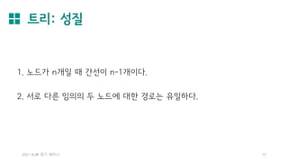 트리: 성질
2021 AL林 정기 세미나 15
1. 노드가 n개일 때 간선이 n-1개이다.
2. 서로 다른 임의의 두 노드에 대한 경로는 유일하다.
 