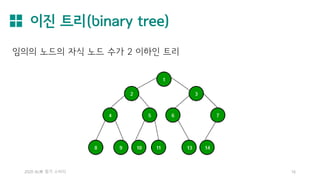 이진 트리(binary tree)
2020 AL林 정기 스터디 16
임의의 노드의 자식 노드 수가 2 이하인 트리
 