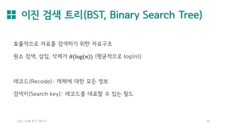 이진 검색 트리(BST, Binary Search Tree)
2021 AL林 정기 세미나 30
효율적으로 자료를 검색하기 위한 자료구조
원소 검색, 삽입, 삭제가 𝜃(log 𝑛 ) (평균적으로 log(n))
레코드(Recode): 개체에 대한 모든 정보
검색키(Search key): 레코드를 대표할 수 있는 필드
 