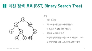 이진 검색 트리(BST, Binary Search Tree)
2021 AL林 정기 세미나 31
특징
• 이진 트리다.
• 각 노드는 키 값을 하나씩 갖는다.
각 노드의 키 값은 모두 다르다.
• 임의의 노드의 키 값은
자신의 왼쪽에 있는 모든 노드의 키 값보다 크고,
오른쪽에 있는 모든 노드의 키 값보다 작다.
 