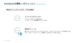 © SAKURA internet Inc.
© SAKURA internet Inc.
Hacobuneの機能 ~ ボリューム ~
アプリケーション
アプリケーション
エフェメラルディスク
デフォルトで使える⼀時保存領域。
アプリケーションの再起動時にクリアされる。
追加ボリューム
特定のディレクトリにマウントすることにより、そのディレクトリのデータを永続化させる。
ボリュームは、アプリケーションを削除しても消えることはありません。
特定のディレクトリのデータを永続化
 