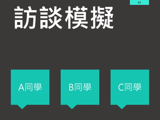 62
訪談模擬
A同學 B同學 C同學
 