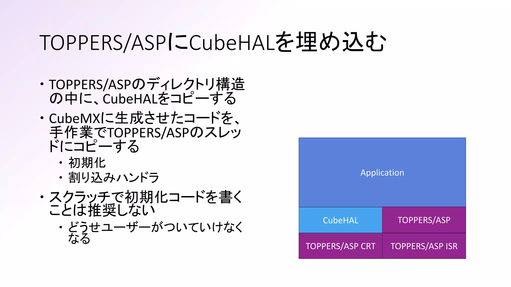 TOPPERS/ASPにCubeHALを埋め込む
 TOPPERS/ASPのディレクトリ構造
の中に、CubeHALをコピーする
 CubeMXに生成させたコードを、
手作業でTOPPERS/ASPのスレッ
ドにコピーする
 初期化
 割り込みハンドラ
 スクラッチで初期化コードを書く
ことは推奨しない
 どうせユーザーがついていけなく
なる TOPPERS/ASP CRT TOPPERS/ASP ISR
CubeHAL
Application
TOPPERS/ASP
 