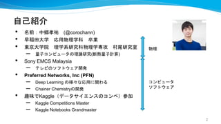 自己紹介
• 名前：中郷孝祐 (@corochann)
• 早稲田大学 応用物理学科 卒業
• 東京大学院 理学系研究科物理学専攻 村尾研究室
– 量子コンピュータの理論研究(断熱量子計算)
• Sony EMCS Malaysia
– テレビのソフトウェア開発
• Preferred Networks, Inc (PFN)
– Deep Learning の様々な応用に関わる
– Chainer Chemistryの開発
• 趣味でKaggle（データサイエンスのコンペ）参加
– Kaggle Competitions Master
– Kaggle Notebooks Grandmaster
2
物理
コンピュータ
ソフトウェア
 