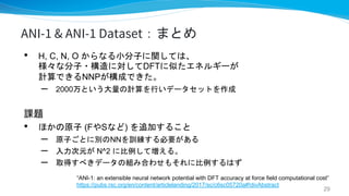 ANI-1 & ANI-1 Dataset：まとめ
“ANI-1: an extensible neural network potential with DFT accuracy at force field computational co...