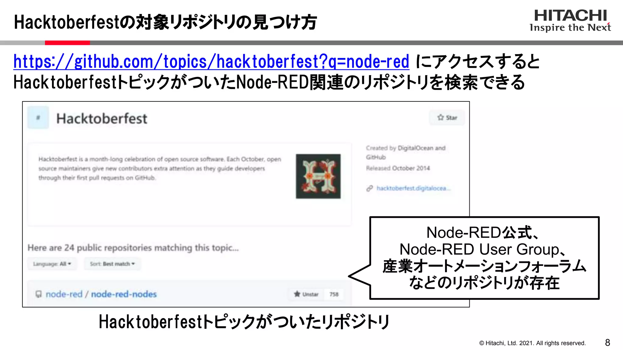 8
© Hitachi, Ltd. 2021. All rights reserved.
https://github.com/topics/hacktoberfest?q=node-red にアクセスすると
HacktoberfestトピックがついたNode-RED関連のリポジトリを検索できる
Hacktoberfestの対象リポジトリの見つけ方
Node-RED公式、
Node-RED User Group、
産業オートメーションフォーラム
などのリポジトリが存在
Hacktoberfestトピックがついたリポジトリ
 