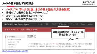21
© Hitachi, Ltd. 2021. All rights reserved.
• ノードプロパティUI (以後、本UIの日本語化の方法を説明)
• 情報タブに表示されるノードのヘルプ
• ステータスに表示するメッセージ
• コンソールに出力するメッセージ
ノードの日本語化できる部分
https://nodered.jp/docs/creating-nodes/i18n
詳細は国際化のドキュメントに
掲載されています
 