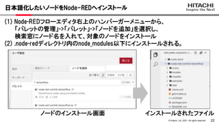 22
© Hitachi, Ltd. 2021. All rights reserved.
(1) Node-REDフローエディタ右上のハンバーガーメニューから、
「パレットの管理」->「パレット」->「ノードを追加」を選択し、
検索窓にノード名を入れて、対象のノードをインストール
(2) .node-redディレクトリ内のnode_modules以下にインストールされる。
日本語化したいノードをNode-REDへインストール
ノードのインストール画面 インストールされたファイル
 