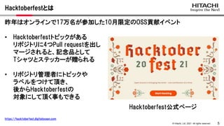 5
© Hitachi, Ltd. 2021. All rights reserved.
昨年はオンラインで17万名が参加した10月限定のOSS貢献イベント
• Hacktoberfestトピックがある
リポジトリに4つPull requestを出し
マージされると、記念品として
Tシャツとステッカーが贈られる
• リポジトリ管理者にトピックや
ラベルをつけて頂き、
後からHacktoberfestの
対象にして頂く事もできる
Hacktoberfestとは
https://hacktoberfest.digitalocean.com
Hacktoberfest公式ページ
 