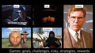 Games: goals, challenges, risks, strategies, rewards
goals
challenges strategies
rewards
risks
 