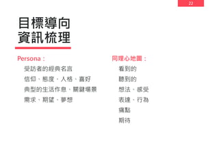 22
目標導向
資訊梳理
Persona：
受訪者的經典名言
信仰、態度、人格、喜好
典型的生活作息、關鍵場景
需求、期望、夢想
同理心地圖：
看到的
聽到的
想法、感受
表達、行為
痛點
期待
 