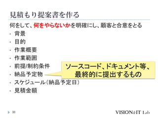 見積もり提案書を作る
30
何をして、何をやらないかを明確にし、顧客と合意をとる
• 背景
• 目的
• 作業概要
• 作業範囲
• 前提/制約条件
• 納品予定物
• スケジュール（納品予定日）
• 見積金額
ソースコード、ドキュメント等、
最終的に提出するもの
 