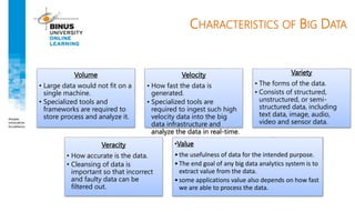 CHARACTERISTICS OF BIG DATA
Volume
• Large data would not fit on a
single machine.
• Specialized tools and
frameworks are required to
store process and analyze it.
Velocity
• How fast the data is
generated.
• Specialized tools are
required to ingest such high
velocity data into the big
data infrastructure and
analyze the data in real-time.
Variety
• The forms of the data.
• Consists of structured,
unstructured, or semi-
structured data, including
text data, image, audio,
video and sensor data.
Veracity
• How accurate is the data.
• Cleansing of data is
important so that incorrect
and faulty data can be
filtered out.
•Value
•the usefulness of data for the intended purpose.
•The end goal of any big data analytics system is to
extract value from the data.
•some applications value also depends on how fast
we are able to process the data.
 