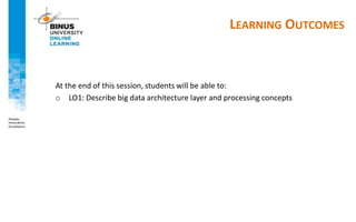 LEARNING OUTCOMES
At the end of this session, students will be able to:
o LO1: Describe big data architecture layer and processing concepts
 