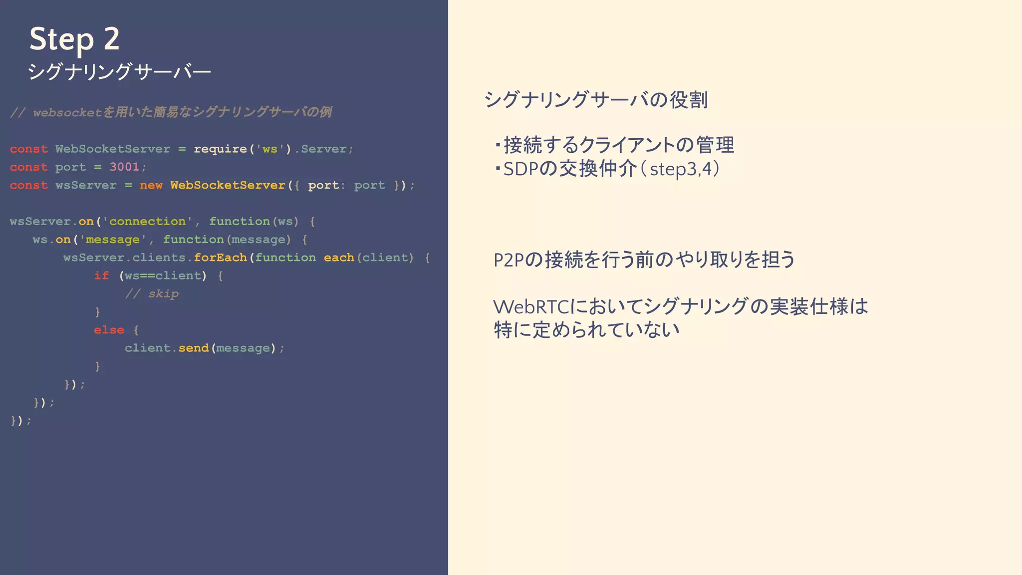 Step 2
シグナリングサーバー
// websocketを用いた簡易なシグナリングサーバの例
const WebSocketServer = require('ws').Server;
const port = 3001;
const wsServer = new WebSocketServer({ port: port });
wsServer.on('connection', function(ws) {
ws.on('message', function(message) {
wsServer.clients.forEach(function each(client) {
if (ws==client) {
// skip
}
else {
client.send(message);
}
});
});
});
シグナリングサーバの役割
・接続するクライアントの管理
・SDPの交換仲介（step3,4）
P2Pの接続を行う前のやり取りを担う
WebRTCにおいてシグナリングの実装仕様は
特に定められていない
 