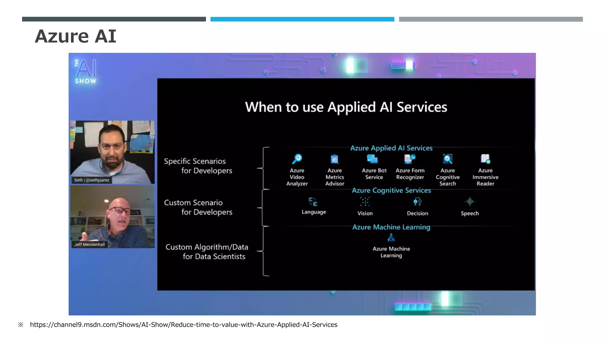 Azure AI
※ https://channel9.msdn.com/Shows/AI-Show/Reduce-time-to-value-with-Azure-Applied-AI-Services
 