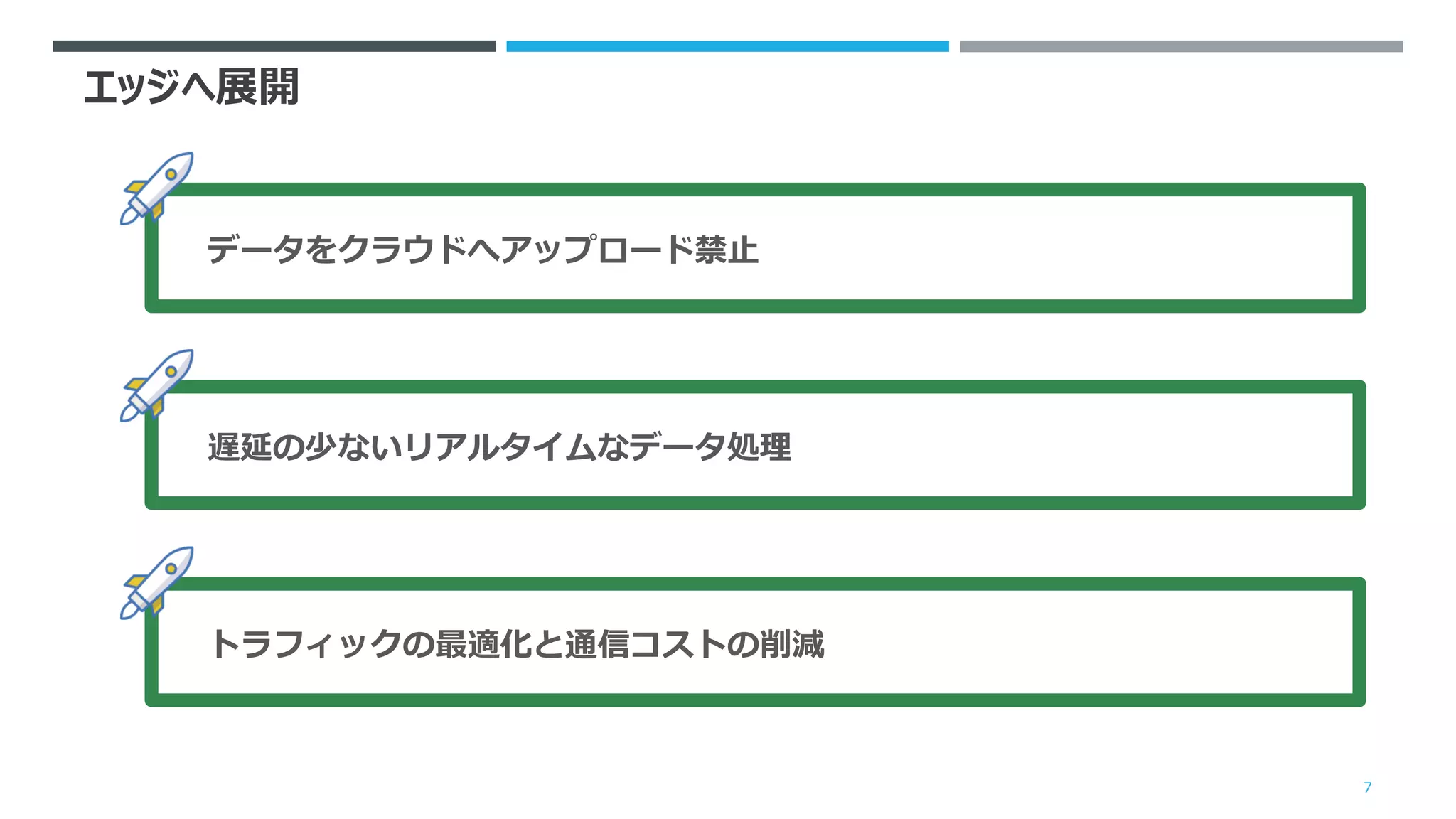 エッジへ展開
7
データをクラウドへアップロード禁止
遅延の少ないリアルタイムなデータ処理
トラフィックの最適化と通信コストの削減
 