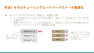 利点4. モデルチューニングとハイパーパラメータ最適化
● ストリーミングモデルの一時停止・再開が可能
○ ユーザは毎日モデルにデータを追加可能で、過去のデータを再トレーニングする
必要がない
○ 複数のモデルのトレーニングを同時に行い、結果がよくないものを早期に中止さ
せるというハイパーパラメータ最適化が可能
1月1日のデータ
1月2日のデータ
1月3日のデータ
新しいデータを
追加するだけ
NEW Model1
Model2
Model3
大量のトレーニングを行
い、パフォーマンスが出
ない場合は、トレーニン
グを早期に中止
 