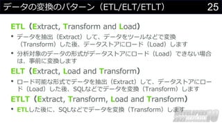 25
データの変換のパターン（ETL/ELT/ETLT）
ETL（Extract, Transform and Load）
• データを抽出（Extract）して、データをツールなどで変換
（Transform）した後、データストアにロード（Load）します
• 分析対象のデータの形式がデータストアにロード（Load）できない場合
は、事前に変換します
ELT（Extract, Load and Transform）
• ロード可能な形式でデータを抽出（Extract）して、データストアにロー
ド（Load）した後、SQLなどでデータを変換（Transform）します
ETLT（Extract, Transform, Load and Transform）
• ETLした後に、SQLなどでデータを変換（Transform）します
 