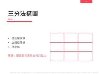 25
三分法構圖
• 遠近層次感
• 立體空間感
• 穩定感
關鍵：把重點元素放在相交點上
圖片來源：https://snapshot.canon-asia.com/taiwan/article/zh/simple-but-essential-compositions-part-1-rule-of-thirds-rule-of-quarters
Basic
 