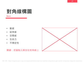 27
對角線構圖
• 動感
• 延伸感
• 空間感
• 生命力
• 不穩定性
關鍵：把重點元素放在對角線上
圖片來源：https://snapshot.canon-asia.com/taiwan/article/zh/simple-but-essential-compositions-part-2centre-composition-diagonal-composition
Basic
 