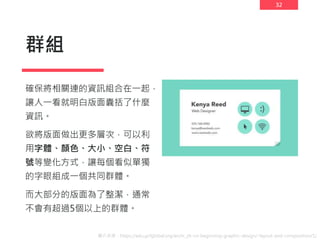32
群組
確保將相關連的資訊組合在一起，
讓人一看就明白版面囊括了什麼
資訊。
欲將版面做出更多層次，可以利
用字體、顏色、大小、空白、符
號等變化方式，讓每個看似單獨
的字眼組成一個共同群體。
而大部分的版面為了整潔，通常
不會有超過5個以上的群體。
圖片來源：https://edu.gcfglobal.org/en/tr_zh-cn-beginning-graphic-design/-layout-and-composition/1/
 