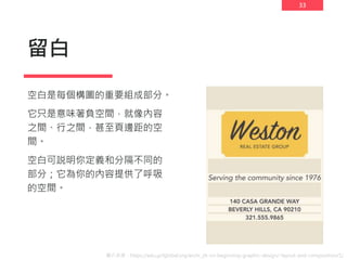 33
留白
空白是每個構圖的重要組成部分。
它只是意味著負空間，就像內容
之間、行之間，甚至頁邊距的空
間。
空白可説明你定義和分隔不同的
部分；它為你的內容提供了呼吸
的空間。
圖片來源：https://edu.gcfglobal.org/en/tr_zh-cn-beginning-graphic-design/-layout-and-composition/1/
 