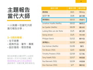 4
主題報告
當代大師
設計大師 報告日期 報告同學
原研哉 10/1 Winny
盐田千春 10/8 謝芝嫻
草間彌生 10/15 李修竹
Jonathan Hoefle (Netflix) 10/22 陳柔羽
Ian Spalter (Netflix) 10/29 黃永約
Ludwig Mies van der Rohe 11/5 蘇玉君
Georg Jensen 11/5 李亦婷
Philippe Starck 11/12 鄭宇劭
深澤直人 11/19 朱亭宇
Cas Holman (Netflix) 11/26 陳丹
Tim Brown (TED) 12/3 伍欣湉
Timothy Prestero (TED) 12/10 石乃耘
Tony Fadell (TED) 12/17 蔡旻潔
Paul Bennett (TED) 12/24 林家煒
Don Norman (TED) 1/7 陳妙佳
一人挑選一位當代大師
進行報告分享：
3~5頁的簡報：
- 生平背景
- 經典作品、著作、專案
- 設計風格、理念思維
報告者準備5分鐘的PPT上台說明
報告前一天中午12:00前上傳至
雲端硬碟/B_當代大師主題報告
(檔名格式：自選主題_報告者姓名)
 