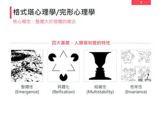 9
格式塔心理學/完形心理學
核心概念：整體大於個體的總合
整體性
(Emergence)
具體化
(Reification)
組織性
(Multistability)
恆常性
(Invariance)
四大基礎，人類視知覺的特性
 