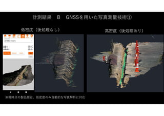 計測結果 Ｂ GNSSを用いた写真測量技術①
高密度（後処理あり）
低密度（後処理なし）
※現時点の製品版は、低密度のみ自動的な写真解析に対応
 