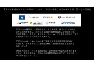 ・2019年から静岡県、大阪経済大学、法政大学等、㈱日本インシーク、
日本工営㈱が参画し、点群による法面の自動抽出および健全度評価
技術を開発し、点群データプラットフォーム上でこれを活用する仕組み
を構築を目指して共同研究がスタート。
・2020年からは、これまでの成果が国交省建設技術研究開発助成に
採用され、静岡市等６つの基礎自治体に本技術を展開する取組みも
始まっている。
・開発した点群データによる法面抽出・診断技術の社会実装を進めると
ともに、道路附属物など法面以外の道路施設の台帳作成・点検診断へ
の活用を検討している。
「スマートガーデンカントリー”ふじのくに”モデル事業」のデータ利活用に関する共同研究
 