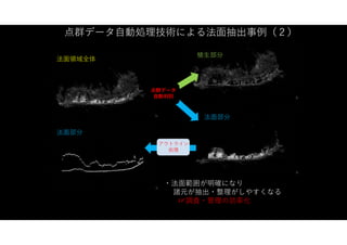 植生部分だけの点群
法面部分のアウトラインのみ表
示
・法面範囲が明確になり
諸元が抽出・整理がしやすくなる
☞調査・管理の効率化
法面部分だけの点群
法面領域全体の点群データ
点群データ
自動判別
アウトライン
処理
点群データ自動処理技術による法面抽出事例（２）
 
