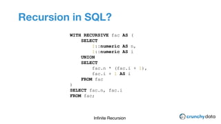CPSM Provider Plugin
Recursion in SQL?
WITH RECURSIVE fac AS (
SELECT
1::numeric AS n,
1::numeric AS i
UNION
SELECT
fac.n ...