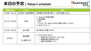 դ趨 | Today's schedule
rg(趨) ȥ Ԕ
19:0019:10 Լܽ?h h?Tעvơfޤ
19:1019:50 
1. Android θҪ
2. ƊX
ޤ
?ߥ` Work Profile h~ ϥ󥺥
3. ޤȤ?󥱩`
19:5020:00 QA? 餫ˤޤ
20:00~
m˽ɢ
٤jՄޤ
ȩ`ǥåߤʤ
? ͻФʤΤԼԩ`뤷Ƥߤ
? Igǟo֪ɹ
? YɕrgˤĤ
 
